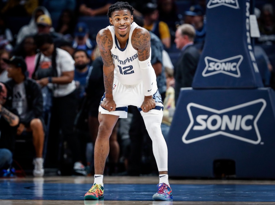 <strong>Memphis Grizzlies guard Ja Morant smiles in the game against the Orlando Magic on Monday, Oct. 3, 2022.</strong> (Mark Weber/The Daily Memphian)