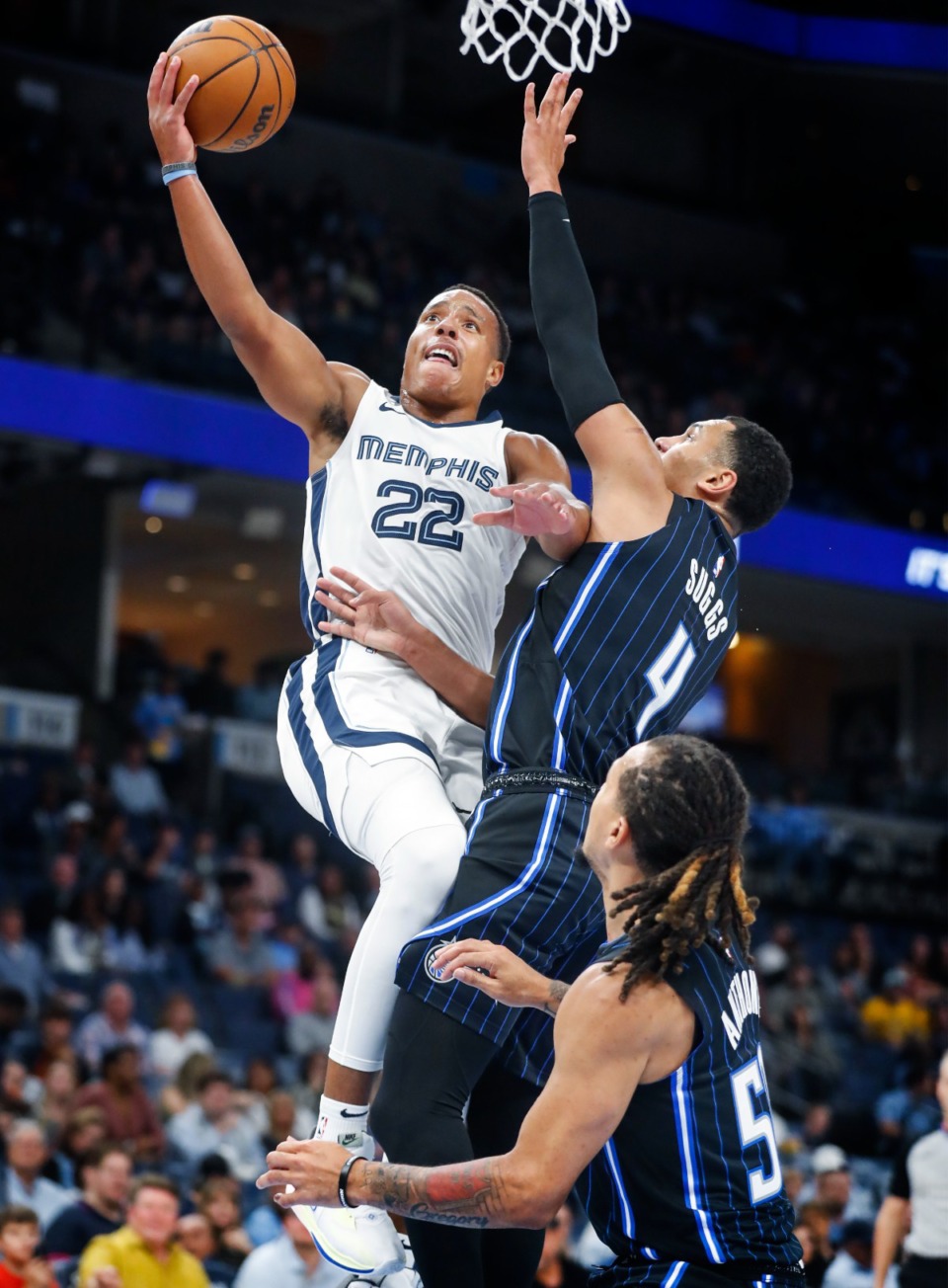 <strong>Memphis Grizzlies guard Desmond Bane (left) drives to the basket against the Orlando Magic on Monday, Oct. 3, 2022.</strong> (Mark Weber/The Daily Memphian)