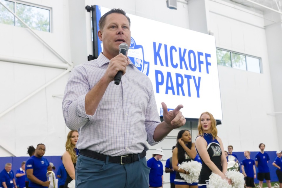 <strong>University of Memphis Athletic Director Laird Veatch speaks during Highland 100 Season Kickoff Party at South Campus on Monday, Aug. 1, 2022. </strong>(Ziggy Mack/Special to The Daily Memphian file)
