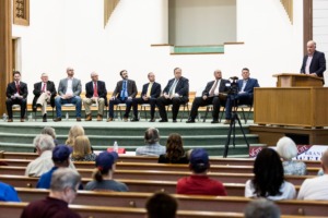 <strong>Bartlett alderman candidates, from left to right, Casper Briggs, Jimmy Norman, Victor Read, Harold Brad King, Thomas Stephen Jr., Robert Griffin, Brandon S. Weise, Paul Kaiser and David Reaves, gathered to speak to voters ahead of the Nov. 8 election.</strong> (Brad Vest/Special to The Daily Memphian)