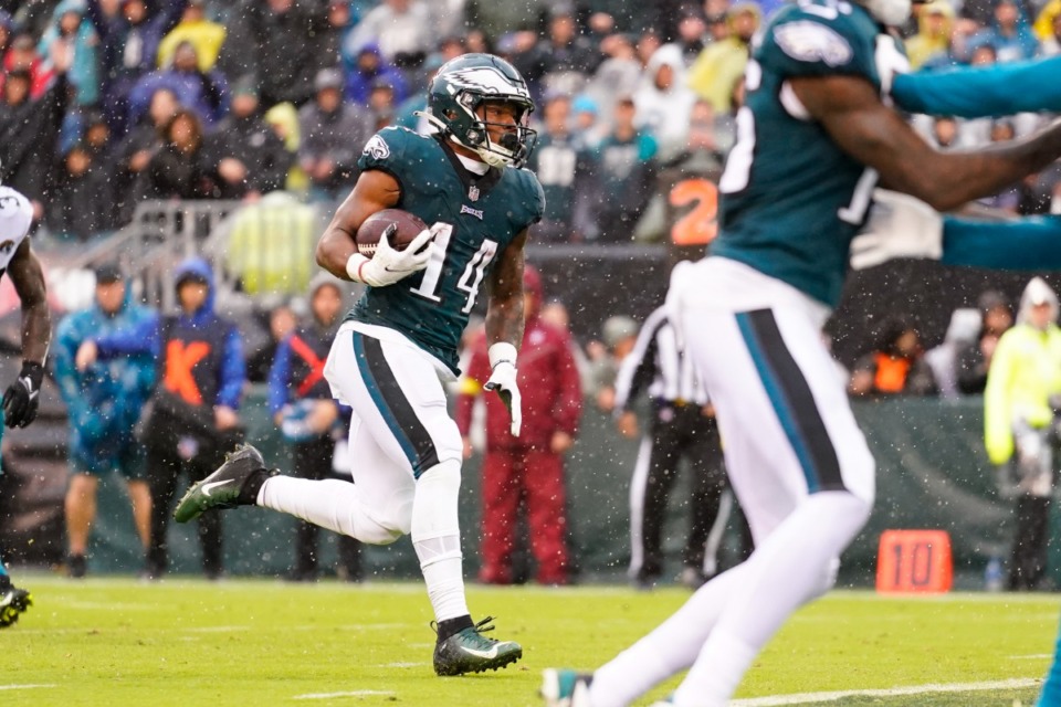 <strong>Philadelphia Eagles' Kenneth Gainwell runs in for a touchdown during the first half of an NFL football game against the Jacksonville Jaguars on Sunday, Oct. 2, 2022, in Philadelphia.</strong> (AP Photo/Matt Rourke)