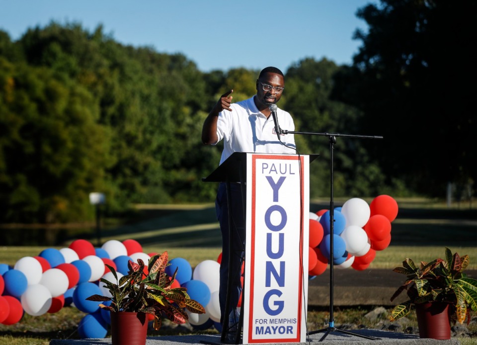 <strong>Downtown Memphis Commission President Paul Young makes his first speech as a Memphis mayoral candidacy during a block party on Wednesday, Oct. 5, 2022.</strong> (Mark Weber/The Daily Memphian)