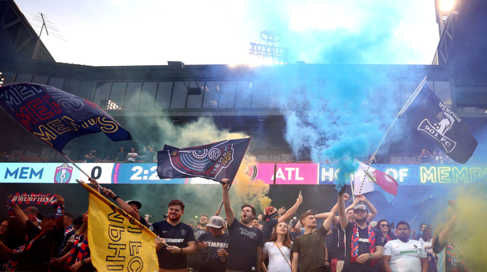 <strong>Memphis 901 FC soccer fans celebrate with the team prior to the start of the match against Atlanta United 2 on Wednesday, April 10, 2019.</strong> (Houston Cofield/Daily Memphian)