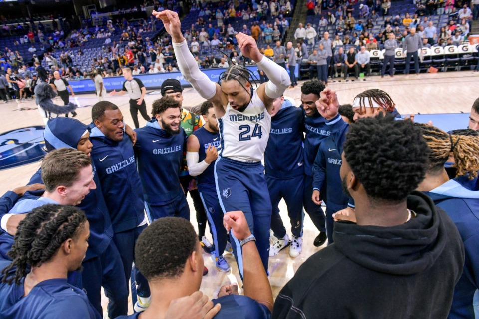<strong>Memphis Grizzlies forward Dillon Brooks (24) jumps in a huddle with teammates before a preseason NBA basketball game against the Orlando Magic Monday, Oct. 3, 2022, in Memphis.</strong> (AP Photo/Brandon Dill)