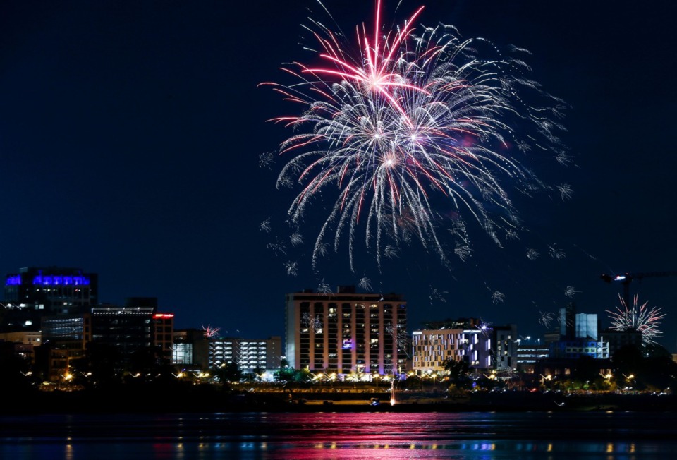 <strong>Fireworks fly up from Mud Island River Park over the Memphis skyline July 4, 2021.</strong> (Patrick Lantrip/Daily Memphian)