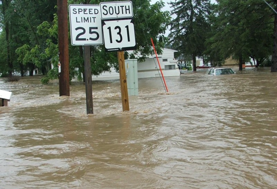 <strong>The Kickapoo River flooded the streets of tiny Gays Mills, Wisconsin, in August 2007.</strong> (In partnership with the Mississippi River Basin Water &amp; Ag Desk/Grant County Emergency Management via National Weather Service)