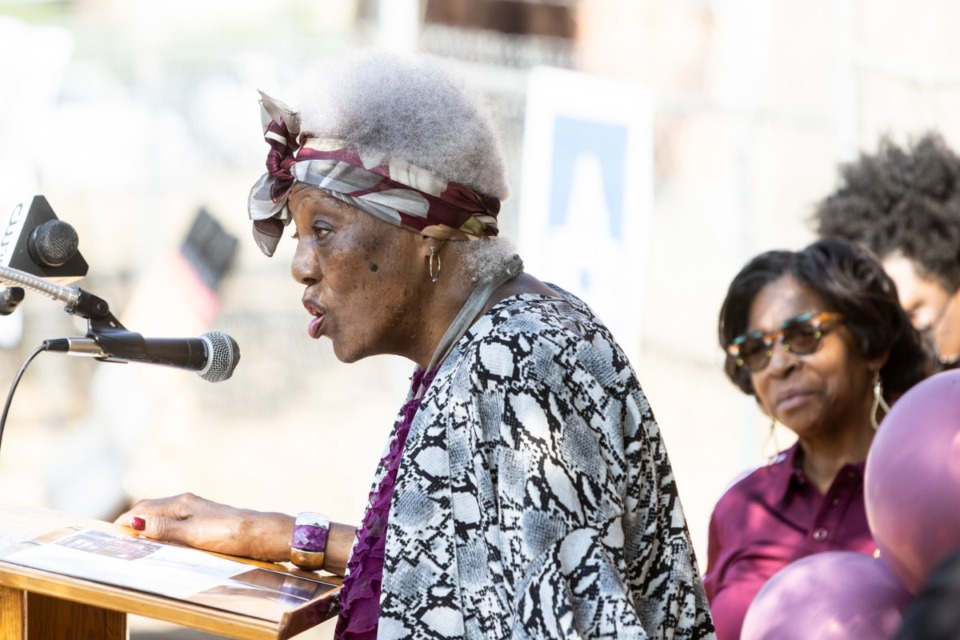 <strong>Mary Mitchell, Shelby County community historian, speaks during the groundbreaking ceremony Oct. 7 for the renovation of Melrose High School.</strong> (Brad Vest/Special to The Daily Memphian)