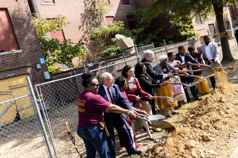 <strong>Memphis Mayor Jim Strickland and others break ground during the ceremony Oct. 7 for the renovation of the old Melrose High School in Orange Mound. The renovation is one of the city's Accelerate Memphis capital projects.</strong> (Brad Vest/Special to The Daily Memphian)