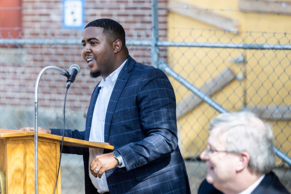 <strong>Jevonte Cortez Porter, assistant director of community relations at Youth Villages, speaks during the groundbreaking ceremony for the renovation of Melrose High on Oct. 7.</strong> (Brad Vest/Special to The Daily Memphian)