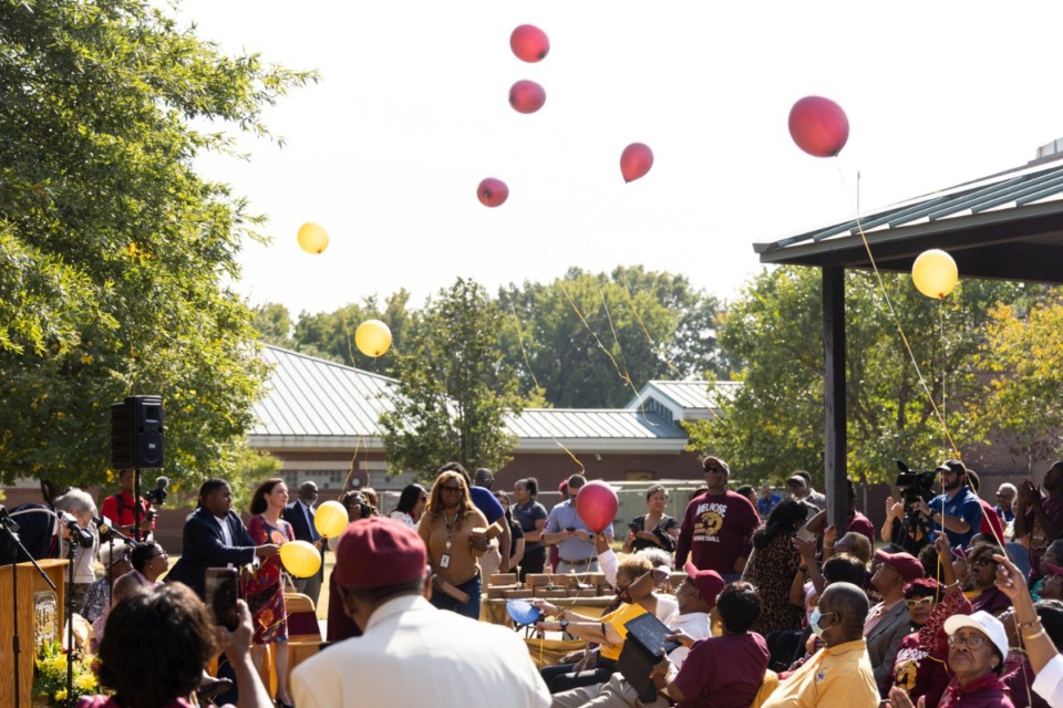 <strong>Balloons are released during the groundbreaking ceremony for the renovation of Melrose High School on Oct. 7.</strong> (Brad Vest/Special to The Daily Memphian)