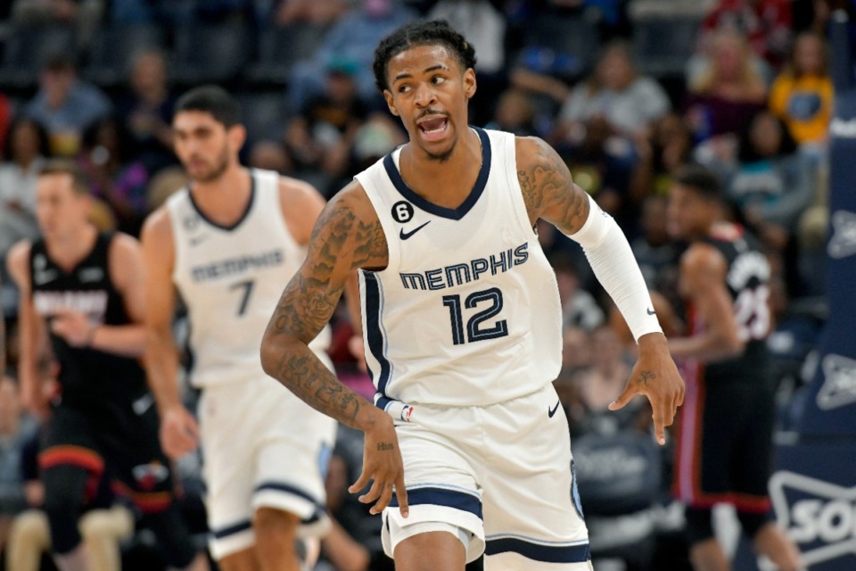 <strong>Memphis Grizzlies guard Ja Morant (12) reacts in the first half of a preseason game against the Miami Heat on Oct. 7, 2022.</strong> (Brandon Dill/AP)