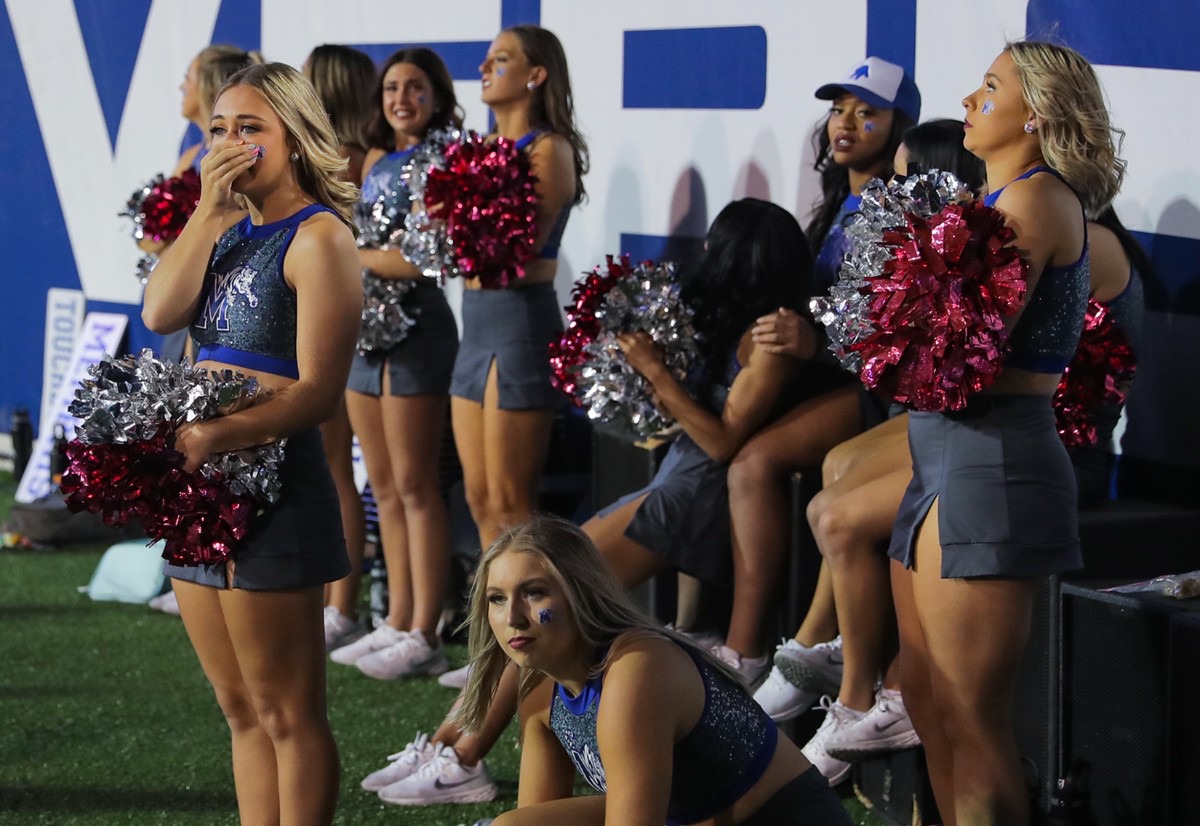<strong>University of Memphis cheerleaders react to a last-minute loss to the University of Houston on Oct. 7, 2022.</strong> (Patrick Lantrip/Daily Memphian)