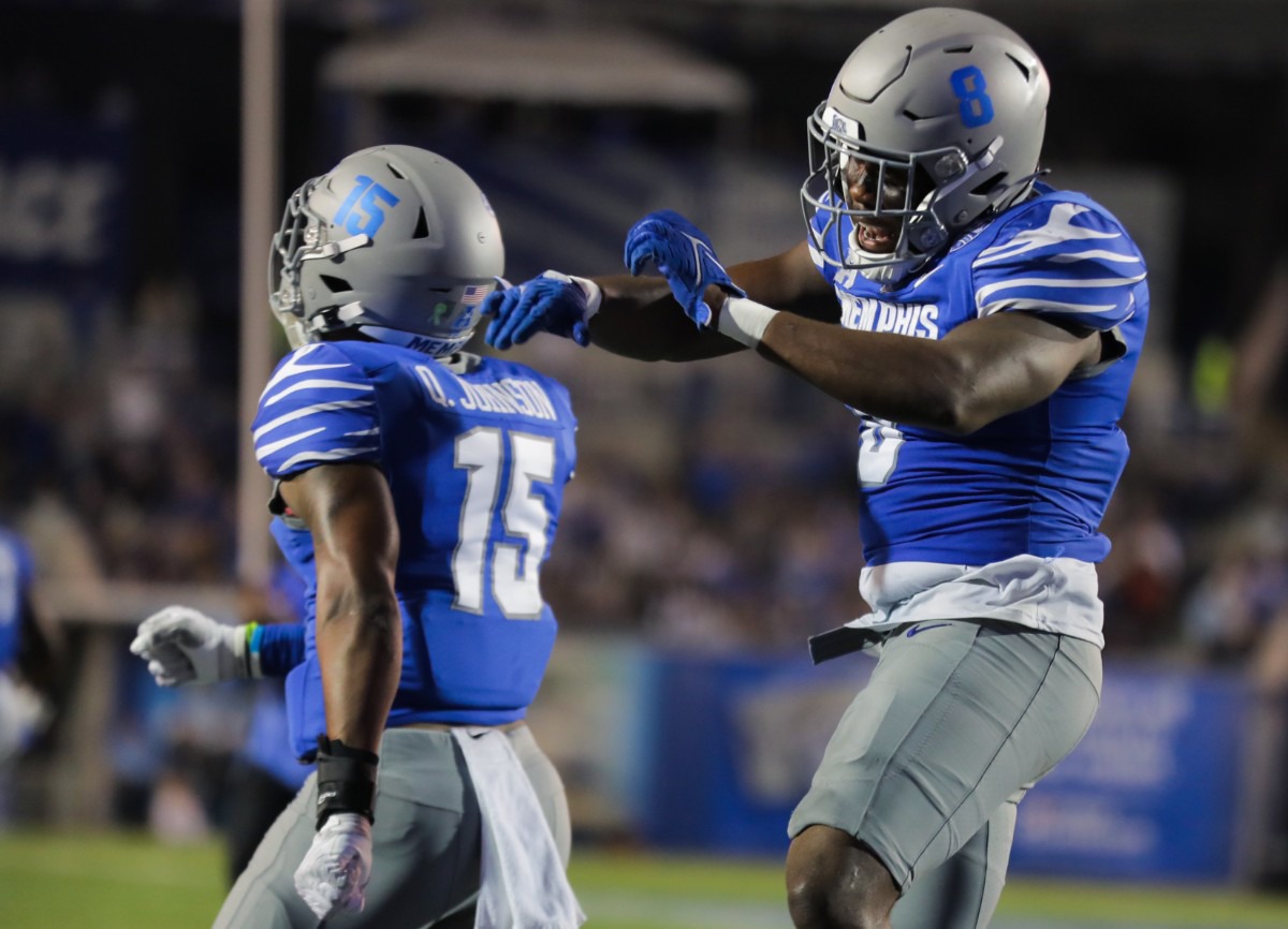 <strong>University of Memphis players celebrate a defensive stop on Oct. 7, 2022, in the game against the University of Houston.</strong> (Patrick Lantrip/Daily Memphian)