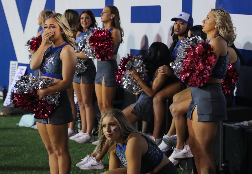 <strong>The University of Memphis cheerleaders reacted like everyone to the last-minute loss: stunned disbelief.</strong> (Patrick Lantrip/Daily Memphian)