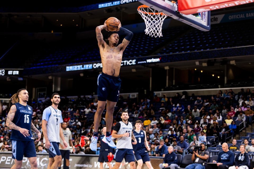 <strong>Superstar point guard Ja Morant threw down a few spectacular dunks in the scrimmage Sunday at FedExForum.</strong> (Brad Vest/Special to The Daily Memphian)