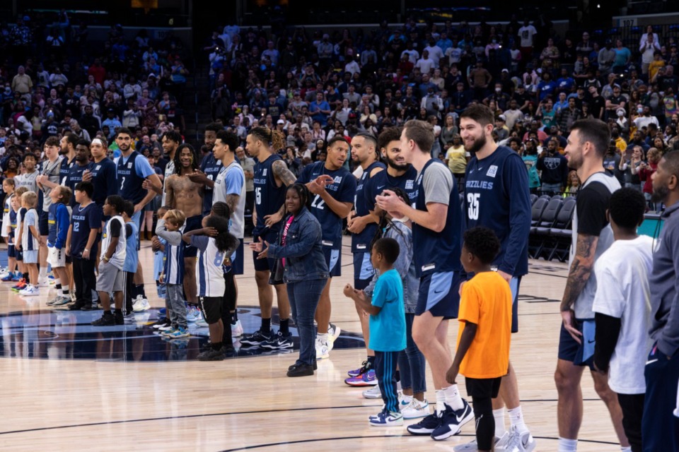 <strong>The Grizzlies are introduced during the annual open practice Sunday at&nbsp; FedExForum.</strong> (Brad Vest/Special to The Daily Memphian)