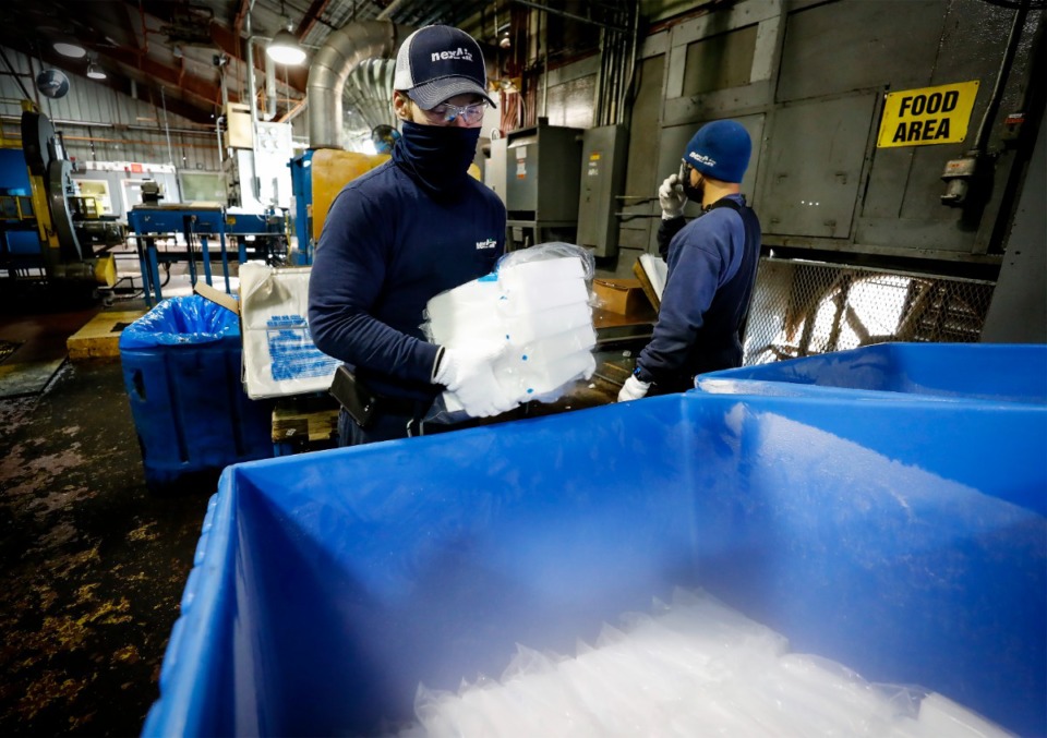 <strong>Josh Audirsch packages up blocks of dry ice at nexAir on Tuesday, Feb. 2, 2021 in Millington.</strong> (Mark Weber/The Daily Memphian file)
