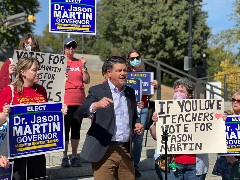 <strong>Jason Martin, the Democratic nominee for governor, detailed his education platform near the Tennessee State Capitol on Tuesday, Oct. 11. Martin won the endorsement of the political arm of the Tennessee Education Association, the state&rsquo;s biggest teachers&rsquo; union.</strong> (Ian Round/The Daily Memphian)