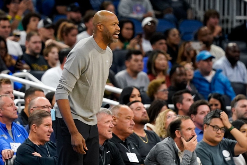 <strong>Orlando Magic coach Jamahl Mosley shouts to players on the court during the game against the Memphis Grizzlies&nbsp;on Oct. 11, 2022, in Orlando, Florida.</strong> (John Raoux/AP)