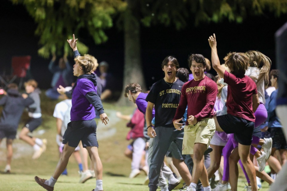 <strong>St. George&rsquo;s students celebrate after the game-tying goal in the West Region semifinal game against ECS on Oct. 11, 2022.</strong> (Ryan Beatty/Special to the Daily Memphian)