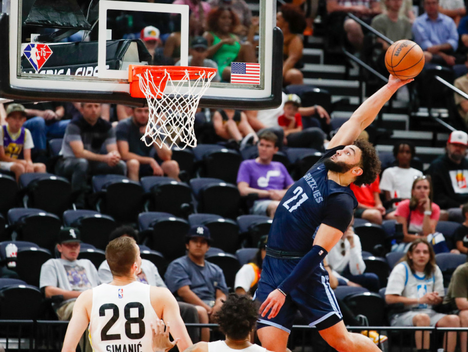 <strong>Memphis Grizzlies' David Roddy (27) winds up to dunk against the Utah Jazz during an NBA summer league basketball game in Salt Lake City on Thursday, July 7, 2022.</strong> (Ben B. Brown/The Deseret News via AP)