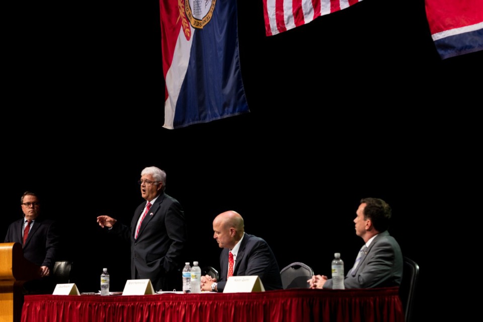 <strong>David Parsons, second from left, speaks during a Bartlett Mayoral Forum at the Bartlett Performing Arts &amp; Conference Center in September. His campaign fund total is nearly twice as much as the candidate with the next highest amount.</strong> (Brad Vest/The Daily Memphian)