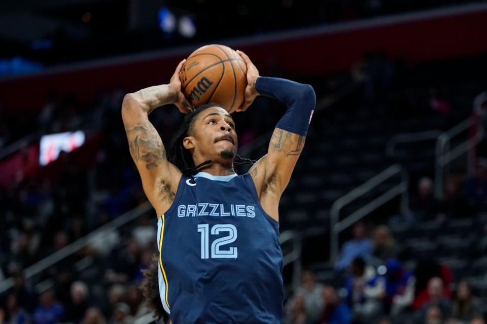 <strong>Memphis Grizzlies guard Ja Morant shoots during the second half of an NBA preseason basketball game against the Detroit Pistons on Thursday, Oct. 13, 2022, in Detroit.</strong> (Carlos Osorio/AP)