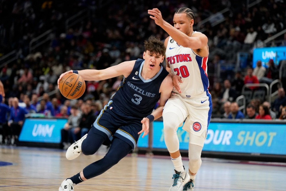 <strong>Memphis Grizzlies forward Jake LaRavia (3) drives as Detroit Pistons forward Kevin Knox II (20) defends don Oct. 13, 2022, in Detroit.</strong> (Carlos Osorio/AP)