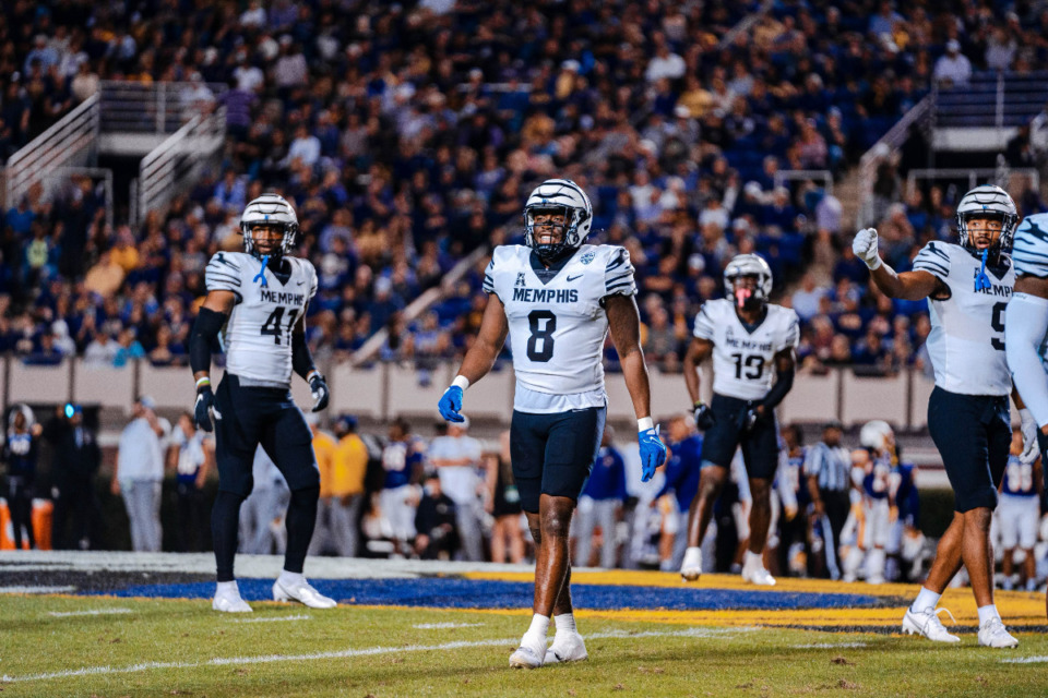 <span class="custom-value ng-binding ng-scope"><strong>Memphis linebacker Xavier Cullens (8) looks for the defensive play call during Saturday&rsquo;s game at East Carolina, Saturday, Oct. 15, 2022. The Tigers lost in four overtimes to the Pirates, 47-45.</strong> (Courtesy Memphis Athletics)&nbsp;</span>