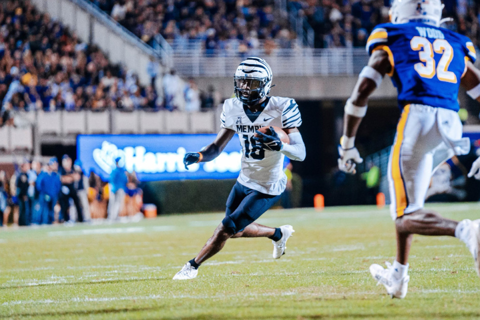 <span class="custom-value ng-binding ng-scope"><strong>Memphis wide receiver Eddie Lewis looks for an opening during Saturday&rsquo;s AAC game against East Carolina, Saturday, Oct. 15, 2022. The Pirates won a four-overtime thriller, 47-45.</strong> (Courtesy Memphis Athletics)&nbsp;</span>