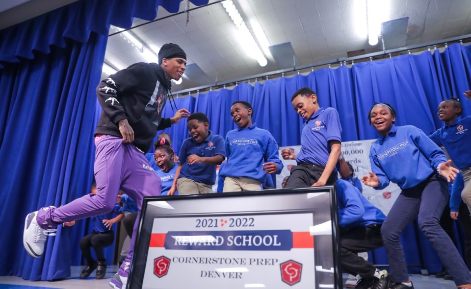 <strong>NLE Choppa dances with the kids of Conerstone Prep Denver.</strong> (Patrick Lantrip/The Daily Memphian)