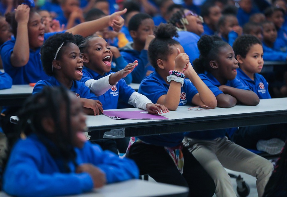 <strong>The kids of Conerstone Prep Denver in Frayser react to the arrival of NLE Choppa Oct. 18, 2022.</strong> (Patrick Lantrip/Daily Memphian)