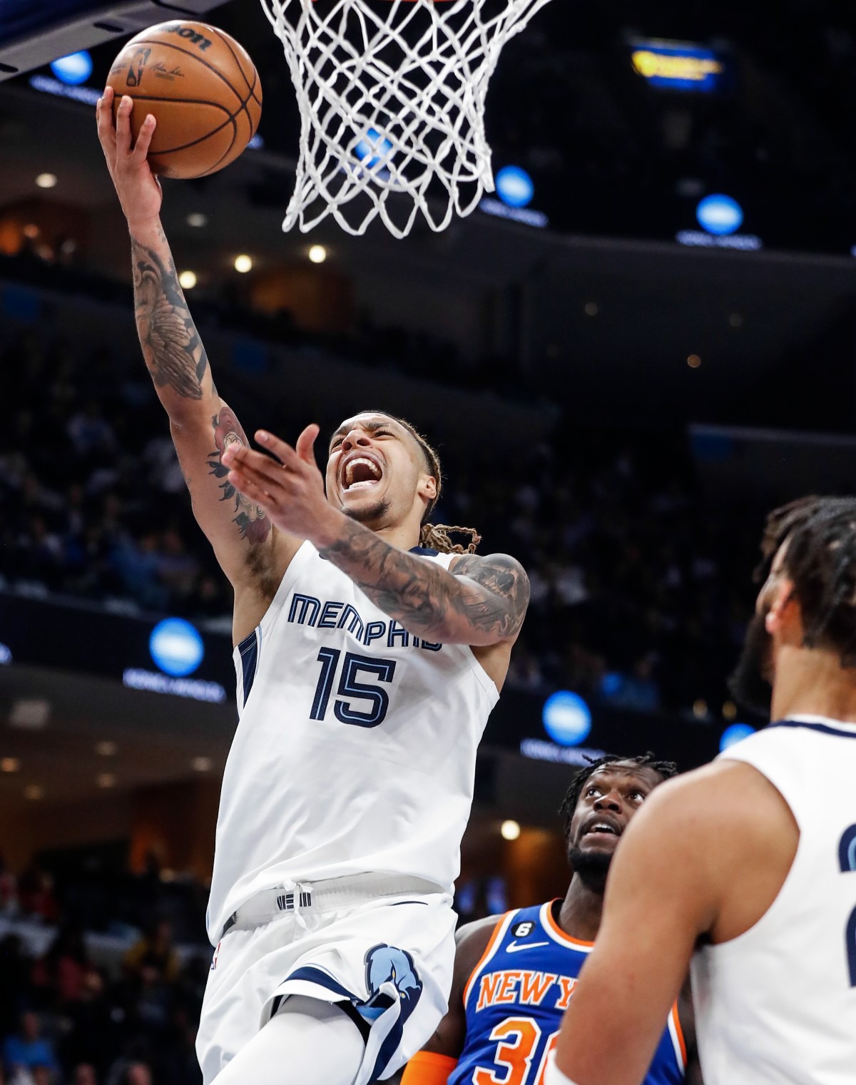 <strong>Memphis Grizzlies forward Brandon Clarke drives for a layup against the New York Knicks on Wednesday, Oct. 19, 2022.</strong> (Mark Weber/The Daily Memphian)