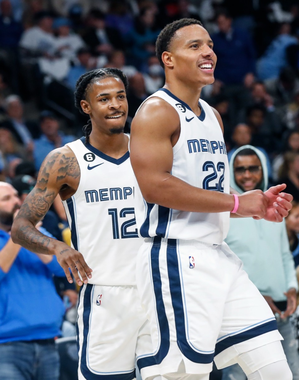 <strong>Memphis Grizzlies teammates Ja Morant (left) and Desmond Bane (right) celebrate at halftime in the game against the New York Knicks on Wednesday, Oct. 19, 2022.</strong> (Mark Weber/The Daily Memphian)