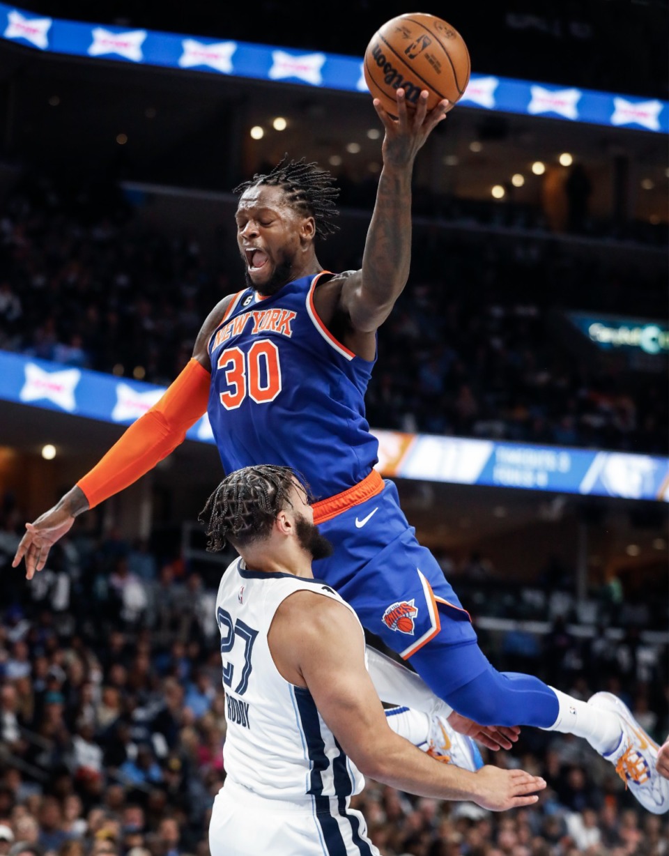 <strong>New York Knicks forward Julius Randle (top) is called for a foul after slamming into Memphis Grizzlies defender David Roddy (bottom) on Wednesday, Oct. 19, 2022.</strong> (Mark Weber/The Daily Memphian)