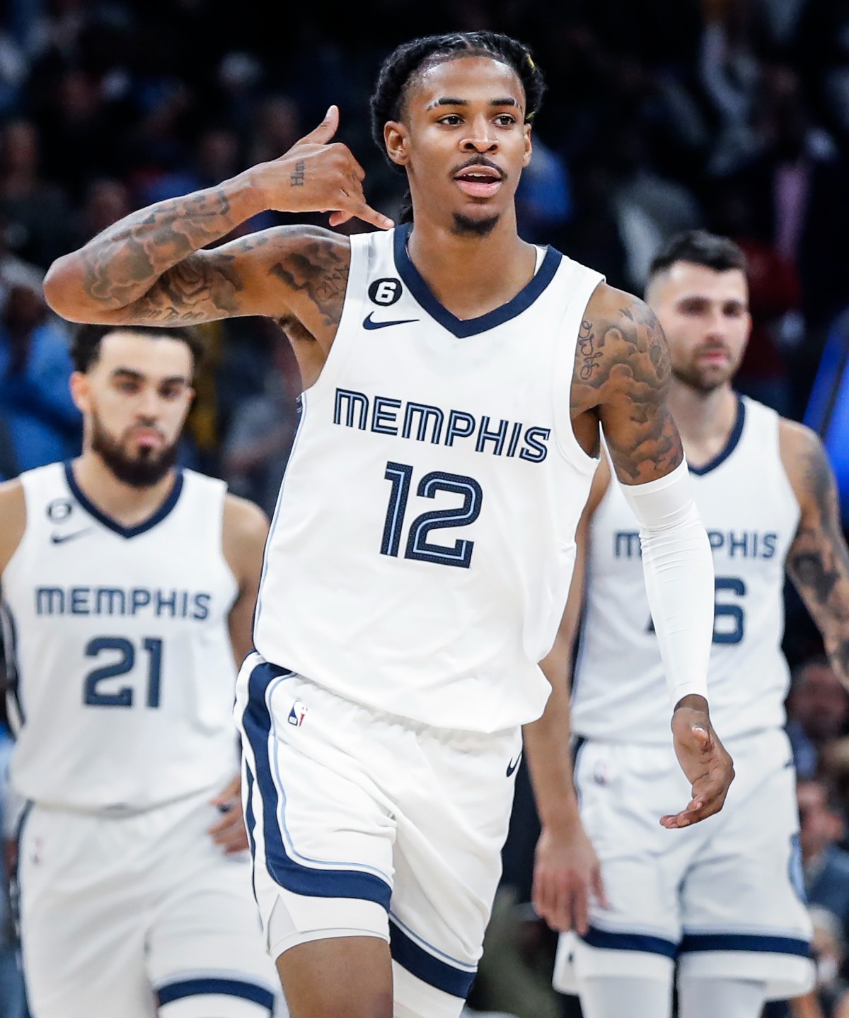 <strong>Memphis Grizzlies guard Ja Morant (middle) celebrates a basket against the New York Knicks on Wednesday, Oct. 19, 2022.</strong> (Mark Weber/The Daily Memphian)