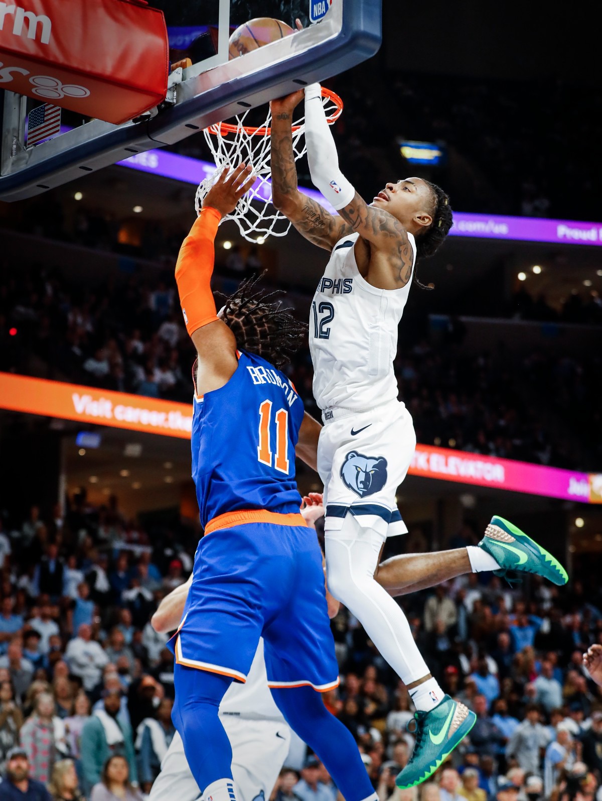 <strong>Memphis Grizzlies defender Ja Morant (right) blocks the layup of New York Knicks guard Jalen Brunson (left) on Wednesday, Oct. 19, 2022.</strong> (Mark Weber/The Daily Memphian)