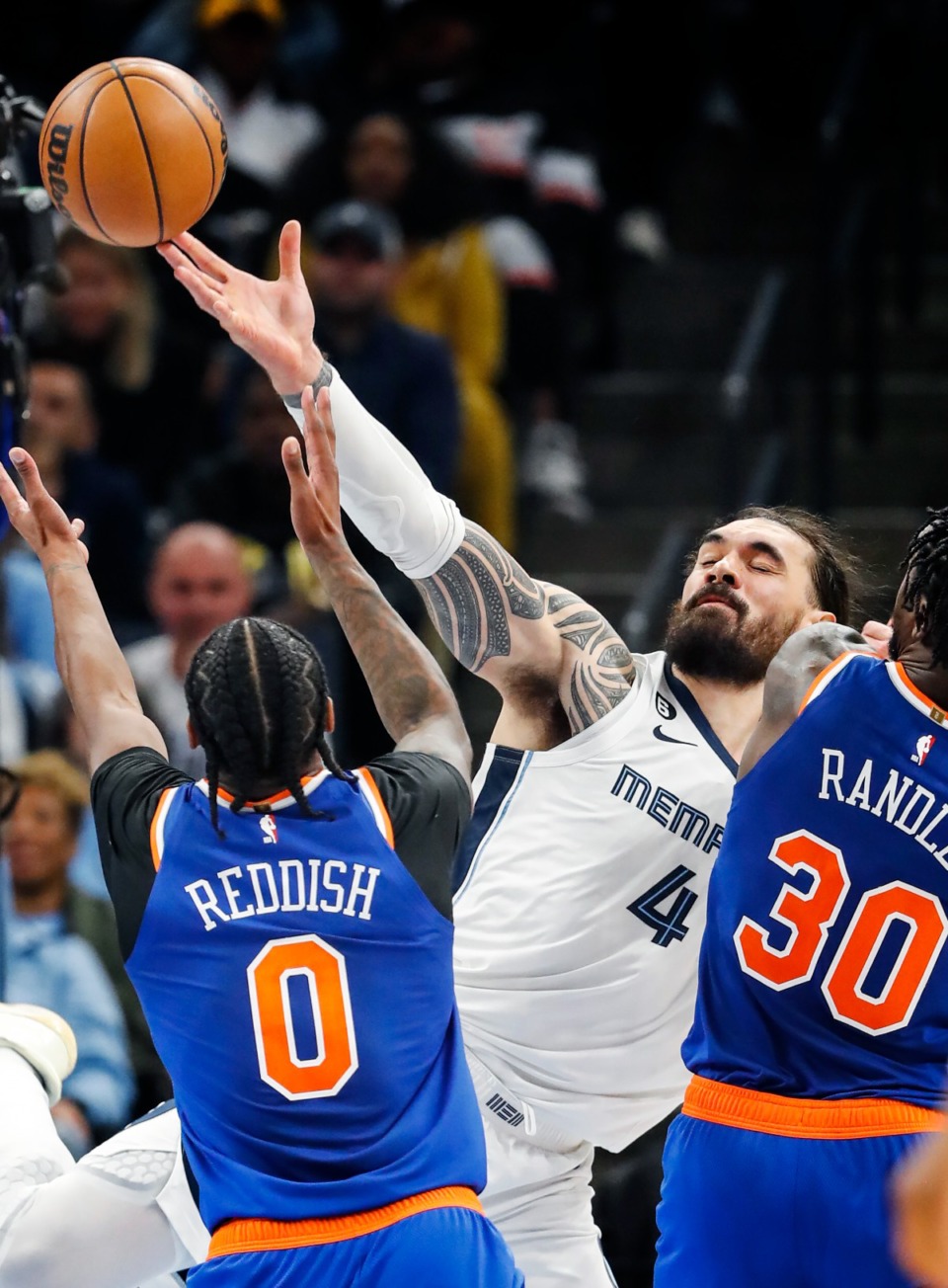 <strong>Memphis Grizzlies center Steven Adams (middle) fights for a rebound against the New York Knicks on Wednesday, Oct. 19, 2022.</strong> (Mark Weber/The Daily Memphian)