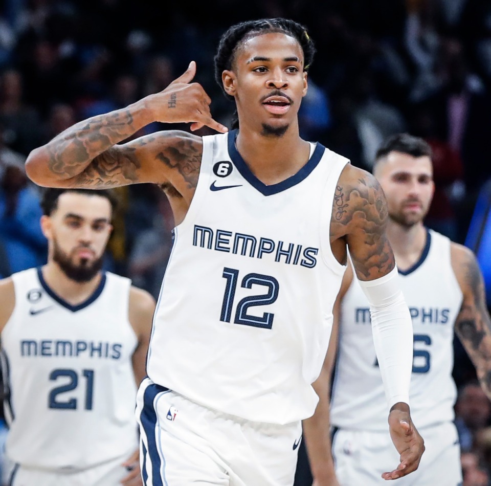 <strong>Memphis Grizzlies guard Ja Morant (middle) celebrates a basket during action against the New York Knicks on Wednesday, Oct. 19, 2022.</strong> (Mark Weber/The Daily Memphian)