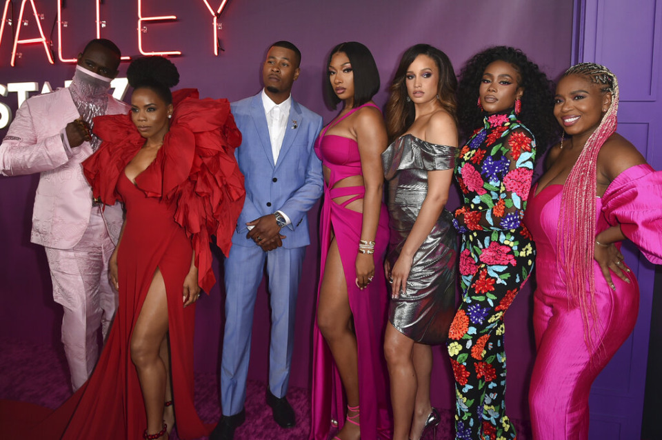 <strong>Nicco Annan, from left, Brandee Evans, J. Alphonse Nicholson, Megan Thee Stallion, Elarica Johnson, Shannon Thornton and Katori Hall arrive at the Los Angeles premiere of "P-Valley" Season 2 on June 2, 2022, at Avalon Hollywood in Los Angeles.</strong> (Photo by Richard Shotwell/Invision/AP)