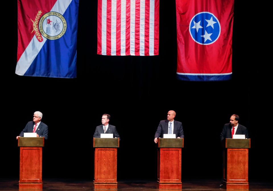 <strong>Candidates (left to right) David Parsons, Kevin Quinn, Brent Hammonds and John Lackey during the final Bartlett mayoral forum on Monday, October 17, 2022.</strong> (Mark Weber/The Daily Memphian)