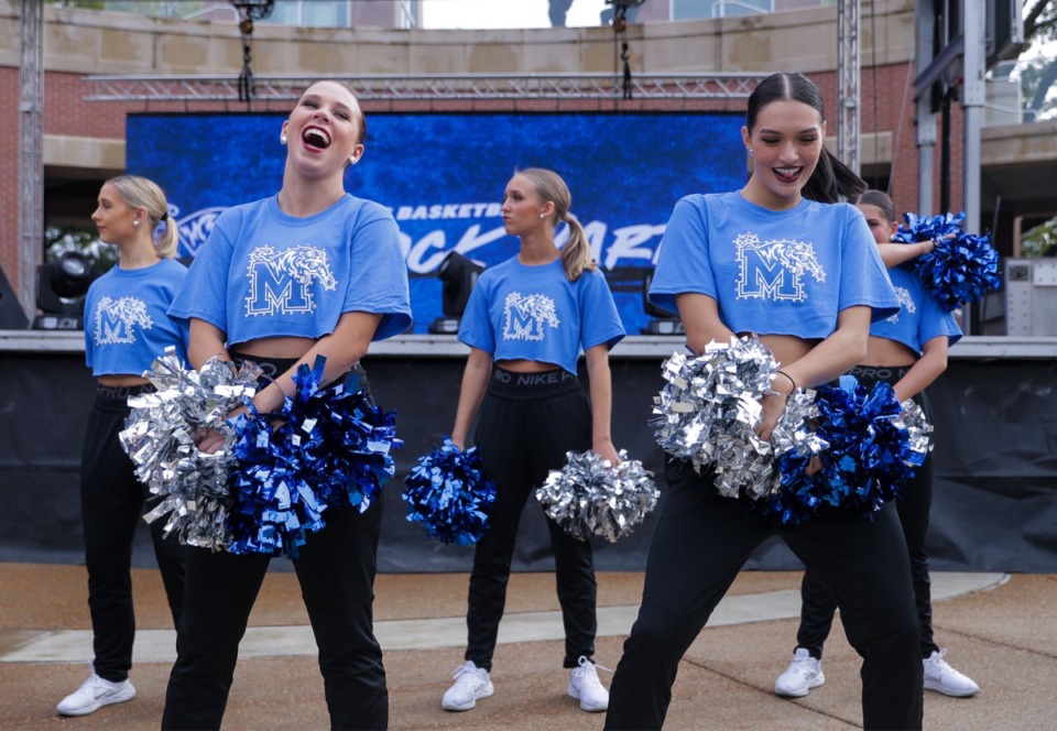 <strong>Members of the Memphis pom squad have a little fun during the Memphis Basketball Block Party.</strong> (Patrick Lantrip/The Daily Memphian)