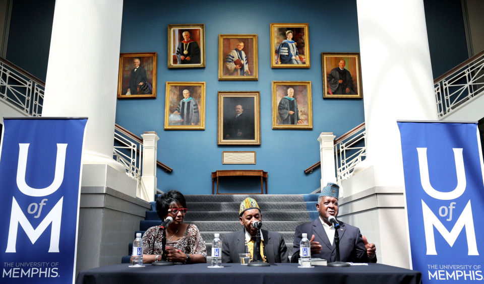 <strong>Carolyn Goodwin-Willett (from left), David Acey and James De'Ke Pope gather in the University of Memphis administration building Friday, April 12, 2019, to discuss their experiences during the 1969 Black Student Association sit-in protest in which 109 students were arrested.</strong> (Houston Cofield/Daily Memphian)