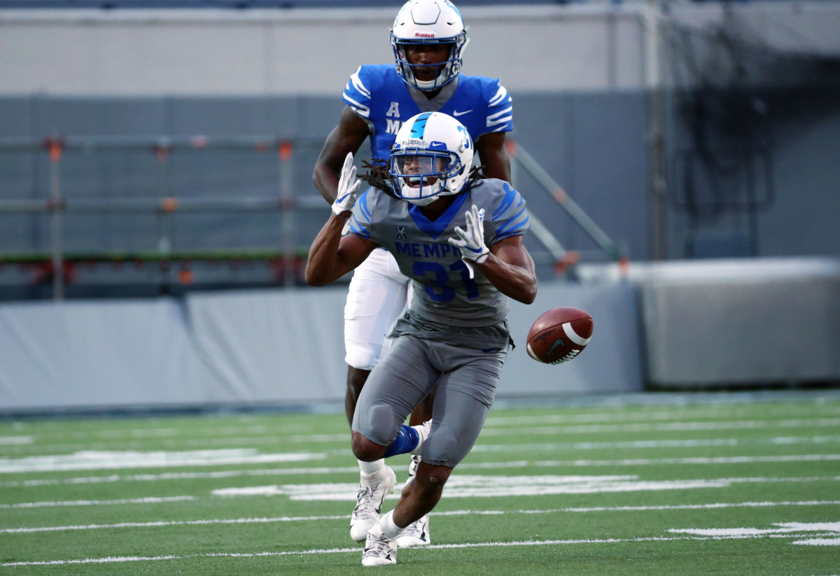 <strong>University of Memphis defensive back Chris Claybrooks (31) reacts to dropping what would have been an interception during the annual Friday Night Stripes scrimmage on April 12, 2019. Claybrooks recorded one pass breakup and a big hit on a pass play.</strong> (Houston Cofield/Daily Memphian)