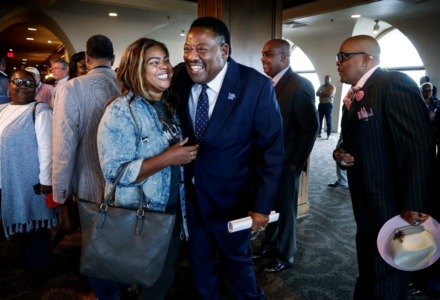<strong>Shelby County Sheriff Floyd Bonner Jr., (middle) is greeted by supporters after announcing&nbsp;he is entering the Memphis mayor&rsquo;s race.</strong>&nbsp;(Mark Weber/The Daily Memphian)