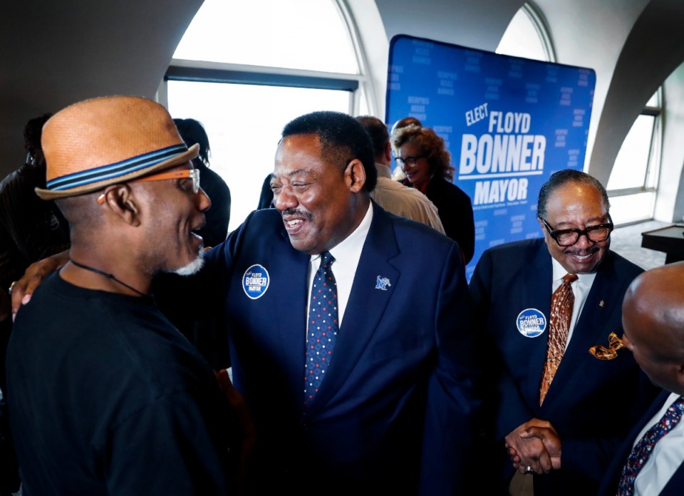 <strong>Shelby County Sheriff Floyd Bonner Jr.,(middle) is greeted by supporters after announcing his entering the Memphis Mayor&rsquo;s race on Tuesday, October 25, 2022. Bonner joins&nbsp;former Shelby County commissioner Van Turner and Downtown Memphis Commission president Paul Young.</strong> (Mark Weber/The Daily Memphian)