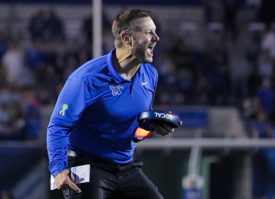 <strong>University of Memphis head coach Ryan Silverfield shouts instructions during the Houston game Oct. 7. &ldquo;We&rsquo;ve been 4-4 and played in a conference championship game in the past,&rdquo; he said of the team&rsquo;s record.</strong> (Patrick Lantrip/Daily Memphian file)