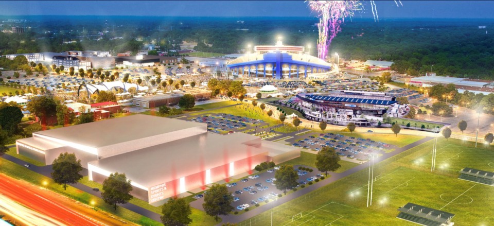 <strong>Memphis Mayor Jim Strickland&rsquo;s proposal for Liberty Park includes a partial&nbsp;demolition of the Mid-South Coliseum to make way for Memphis 901 FC Stadium (right).&nbsp;Simmons Bank Liberty Stadium is the blue building in the center, rear. </strong>(Credit: Odell Sports &amp; Entertainment Studio and LRK/Courtesy 901 FC)
