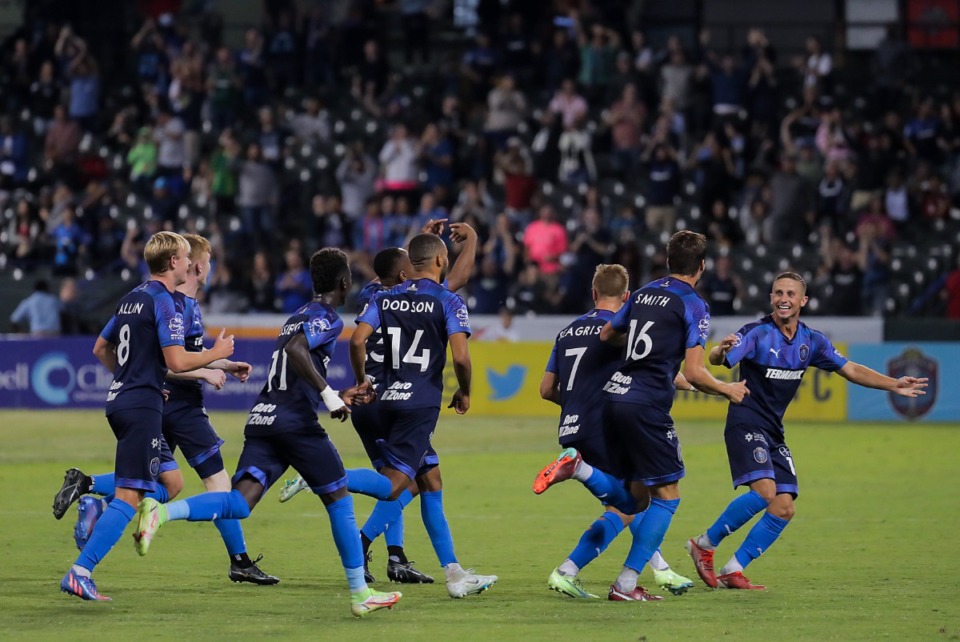 <strong>Memphis 901 FC celebrate a goal during against Detroit City FC during an Oct. 22, 2022 playoff game.</strong> (Patrick Lantrip/The Daily Memphian)