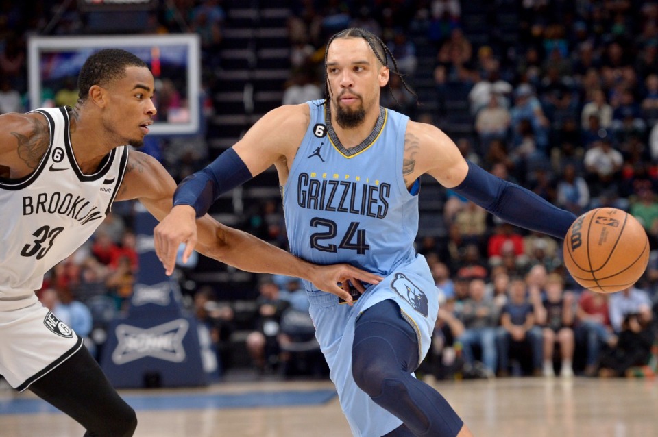 <strong>Memphis Grizzlies forward Dillon Brooks (24) drives against Brooklyn Nets forward Nic Claxton (33) in the second half of an NBA basketball game Monday, Oct. 24, 2022, at FedExForum.</strong> (Brandon Dill/AP)